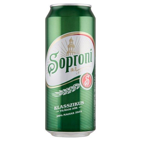 A can of Soproni classic beer, this is a Hungarian pale lager.