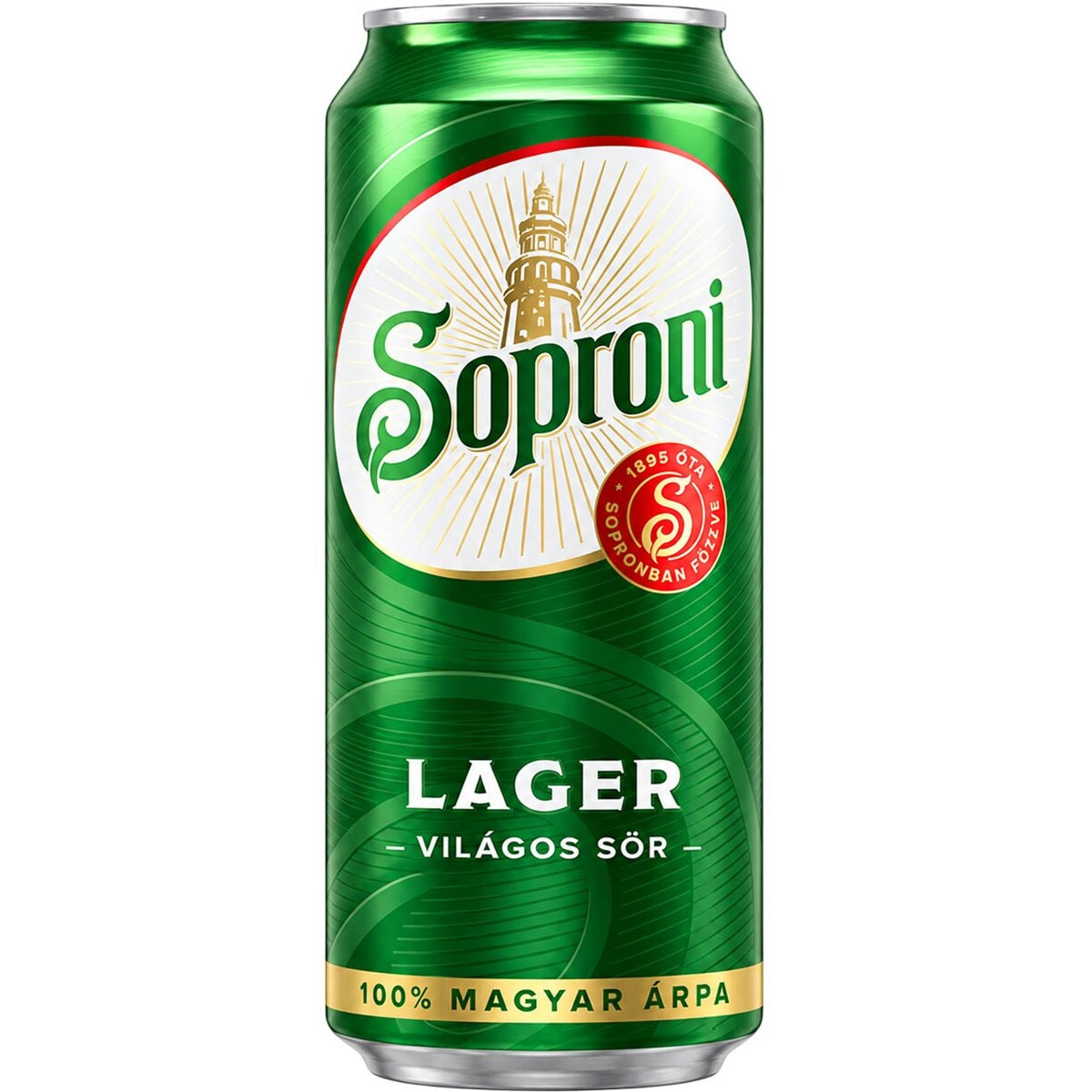 Can of Soproni classic beer, this is a Hungarian pale lager.