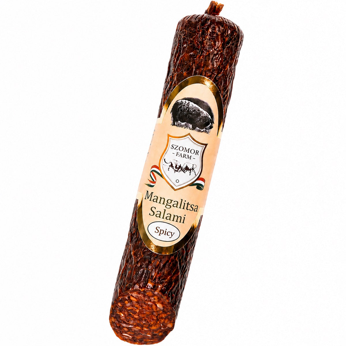 A spicy mangalitza salami made with pepper and hot paprika powder.