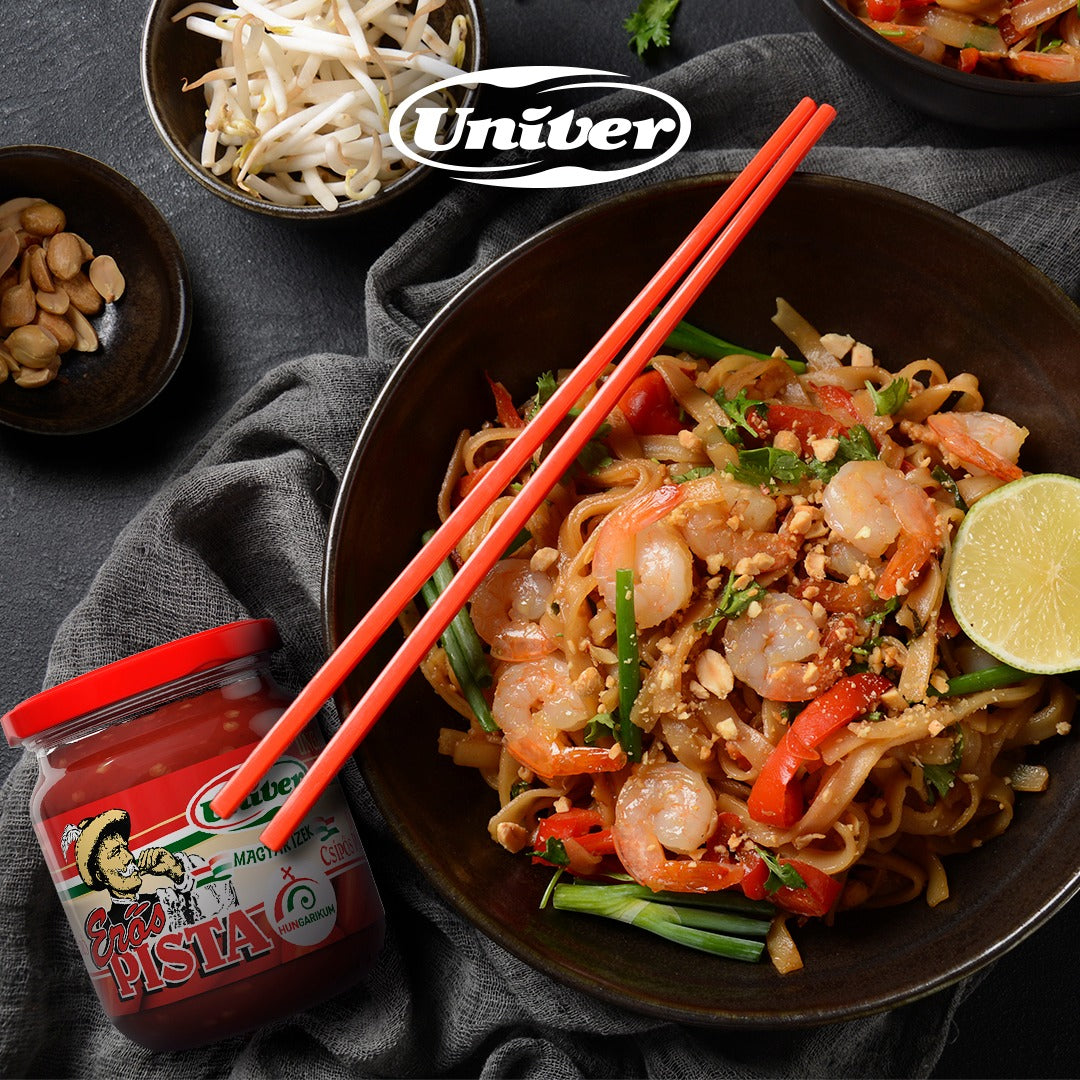 A spicy Asian seafood stir-fry recipe made with Erős Pista hot pepper sauce.