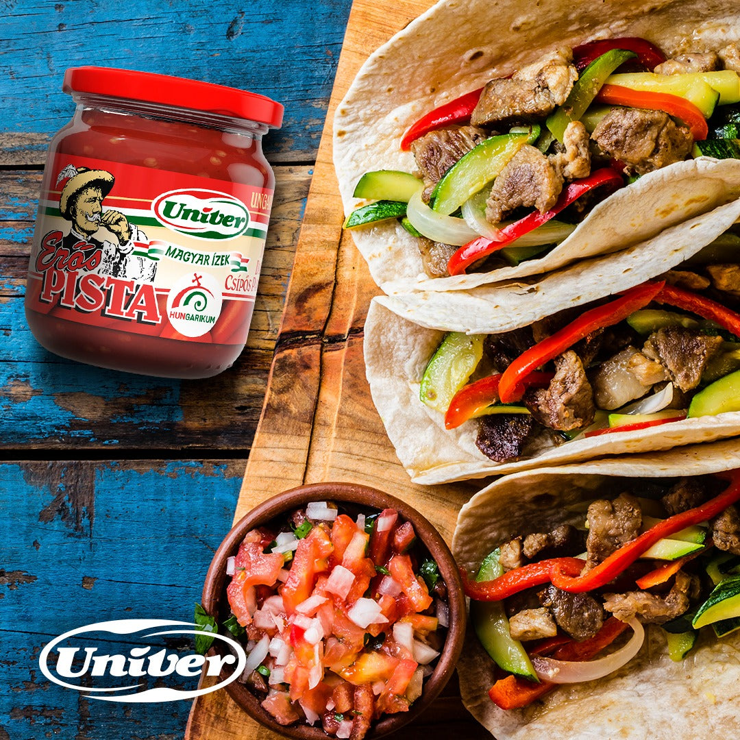 A spicy Mexican grilled taco recipe with  a classic Pico de Gallo made with Erős Pista hot pepper sauce.