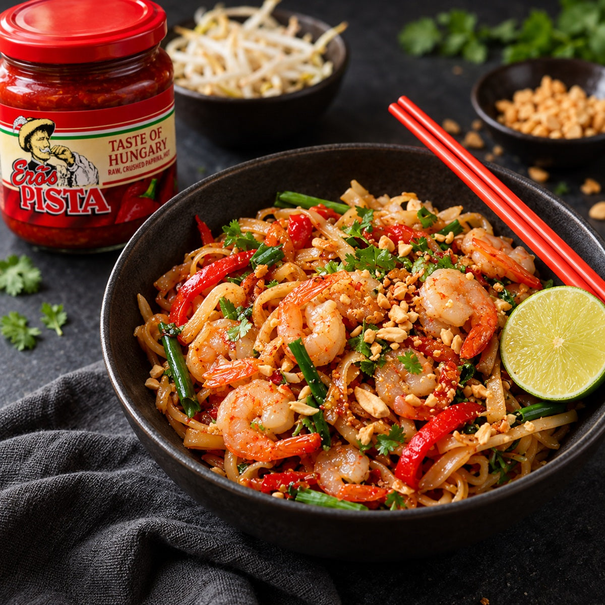 A spicy Asian seafood stir-fry recipe made with Erős Pista hot pepper sauce.