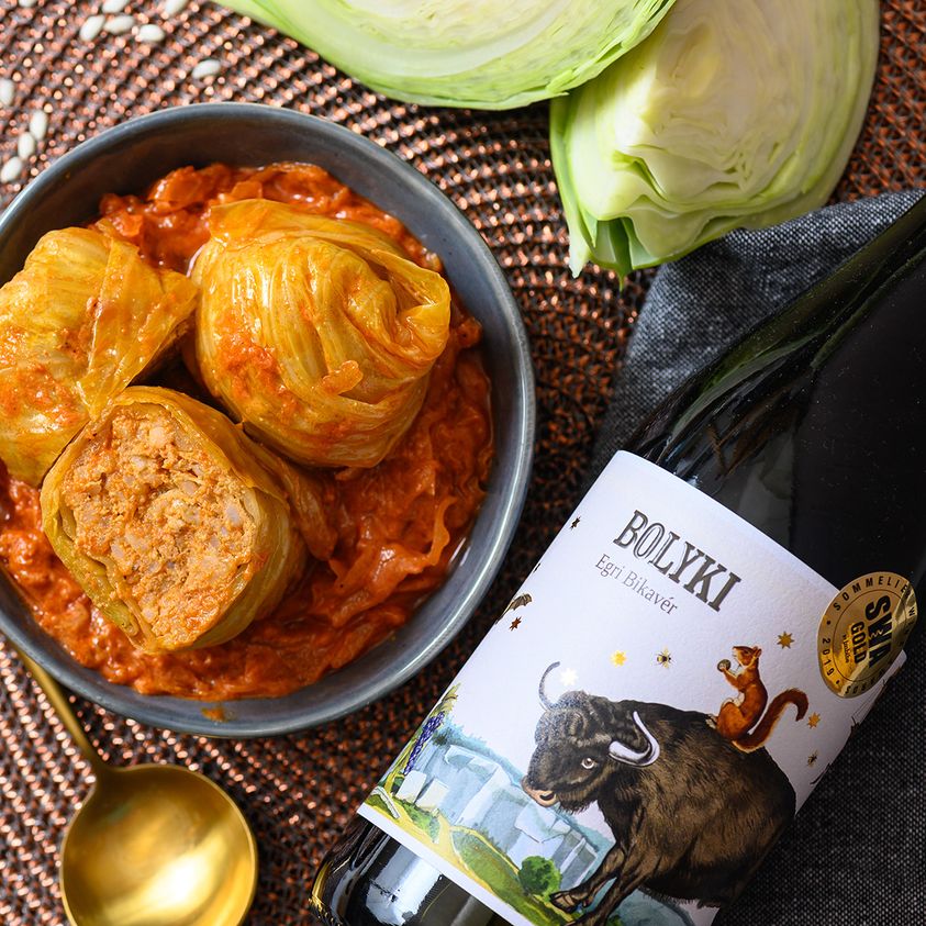 A bottle of Egri Bikaver Bull's Blood Hungarian red wine is the best pairing for a stuffed cabbage recipe.