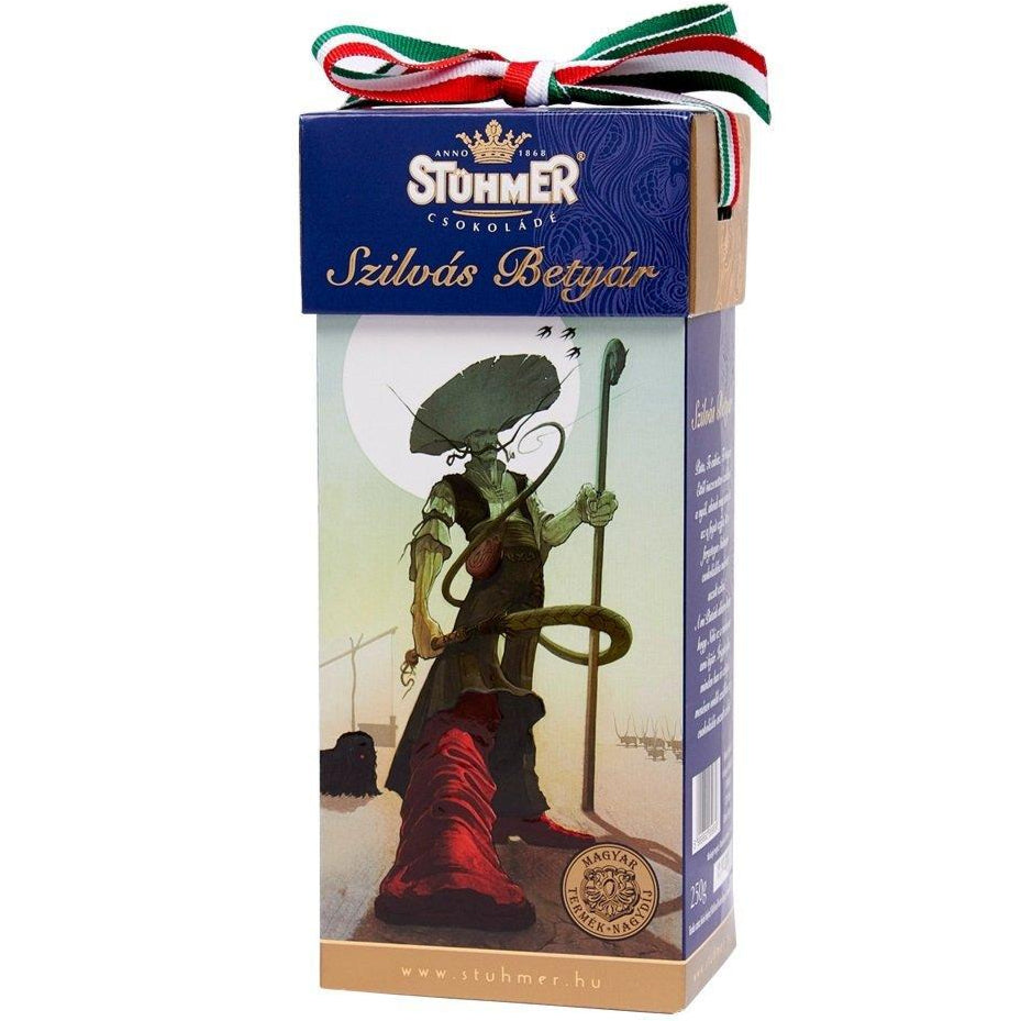 A box of Szilvás Betyár, Hungarian chocolate covered plums by Stühmer.