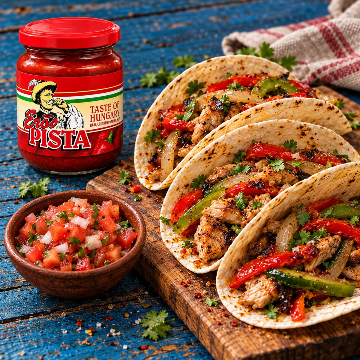 A spicy Mexican grilled taco recipe with a classic Pico de Gallo made with Erős Pista hot pepper sauce.