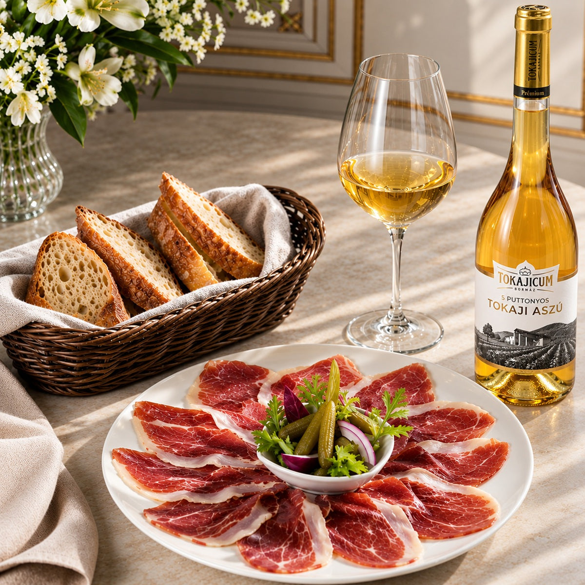 Tokajicum Tokaji Aszú 5 Puttonyos with Mangalitza ham and crusty bread.