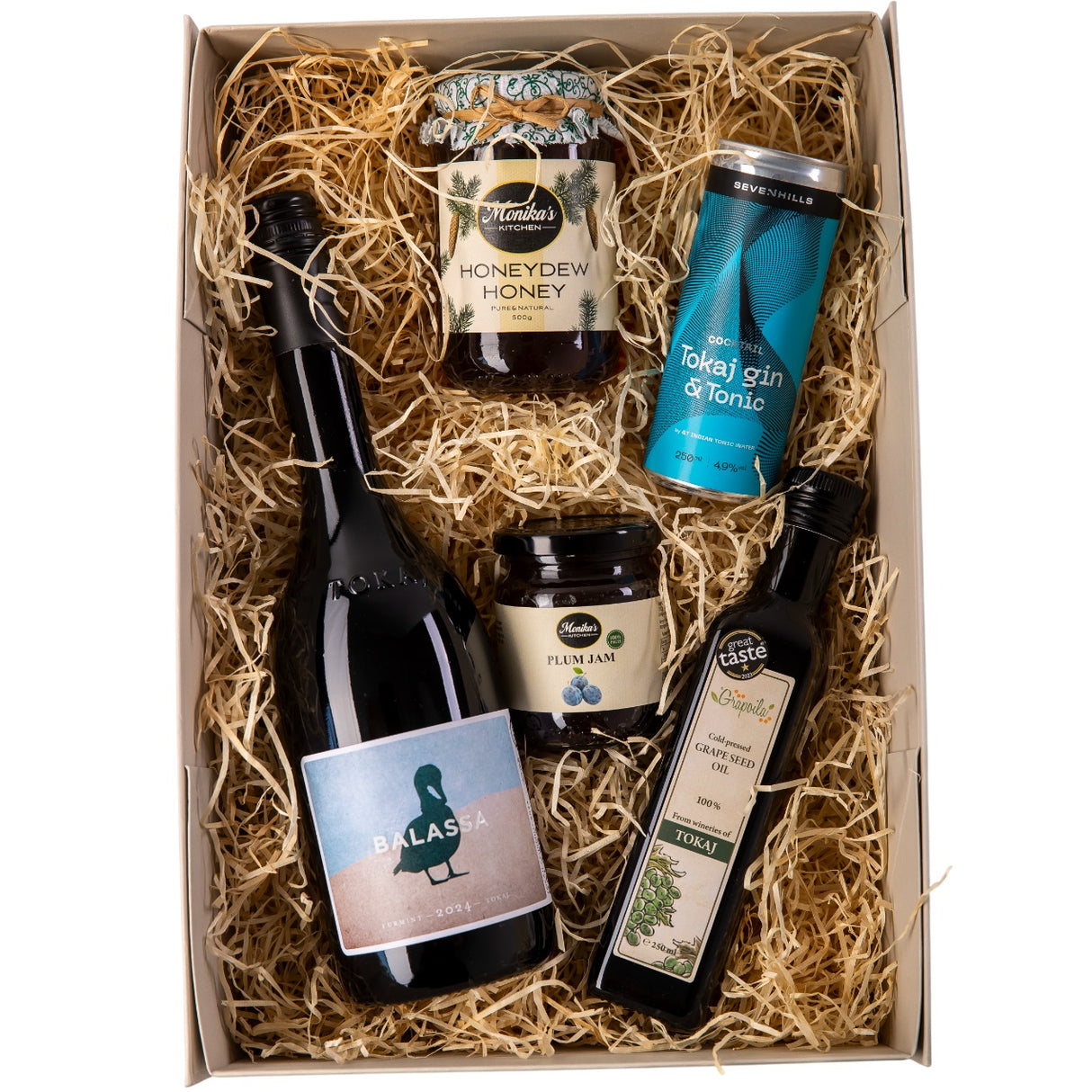 A gourmet food and wine hamper box of the best dry Tokaji Furmint and four unique fine food treats.