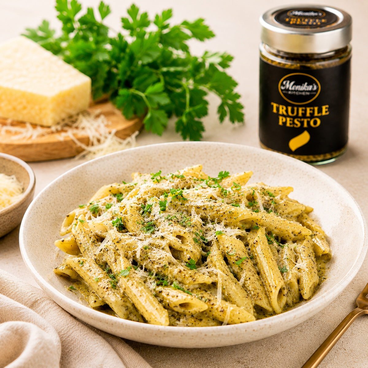 Truffle pasta recipe made with truffle pesto and topped with fresh parsley and grated parmesan.