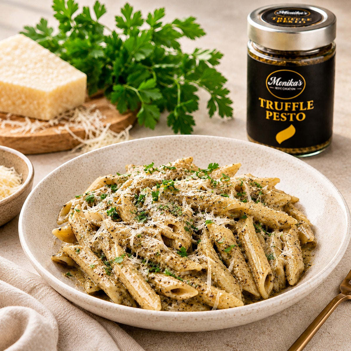 Truffle pasta recipe made with truffle pesto and topped with fresh parsley and grated parmesan.