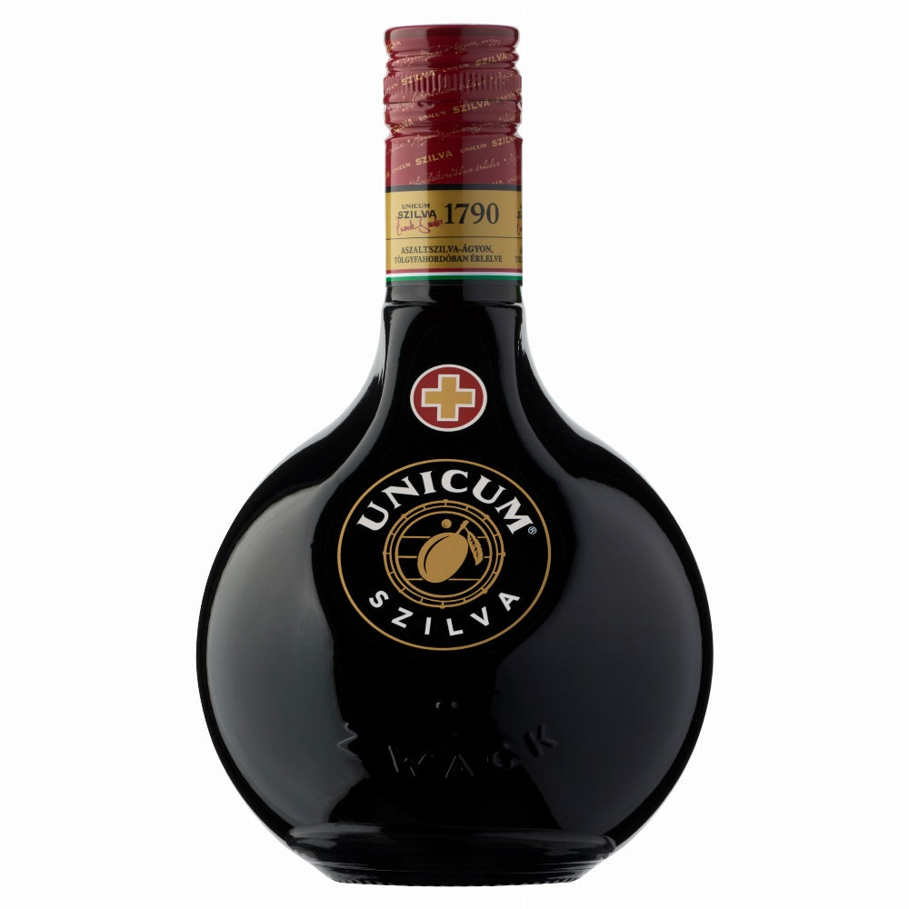 A bottle of Unicum Szilva Hungarian plum liquor.