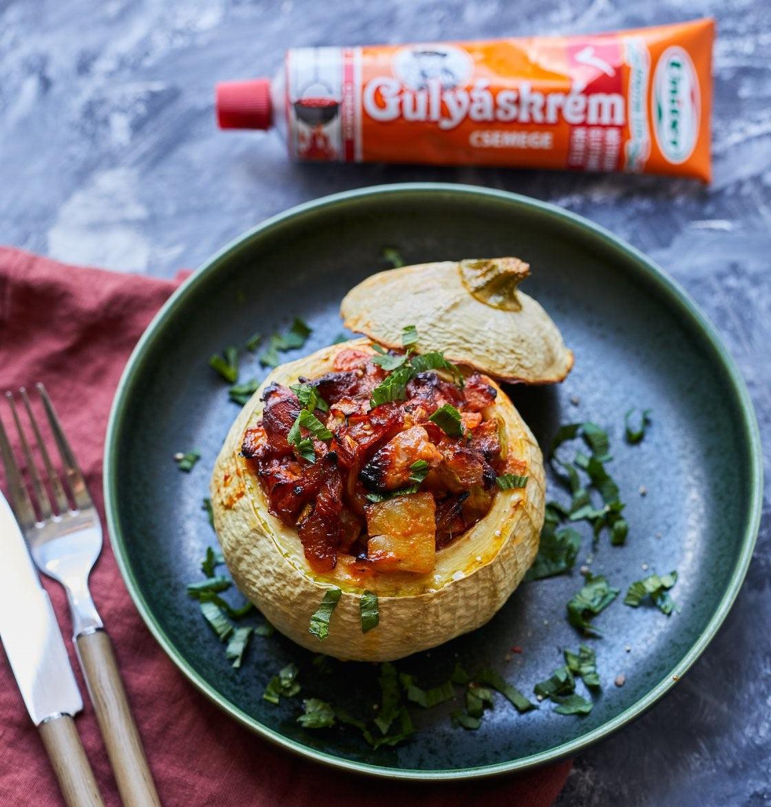 A vegetarian stuffed butternut squash recipe made with Hungarian gulyaskrem.