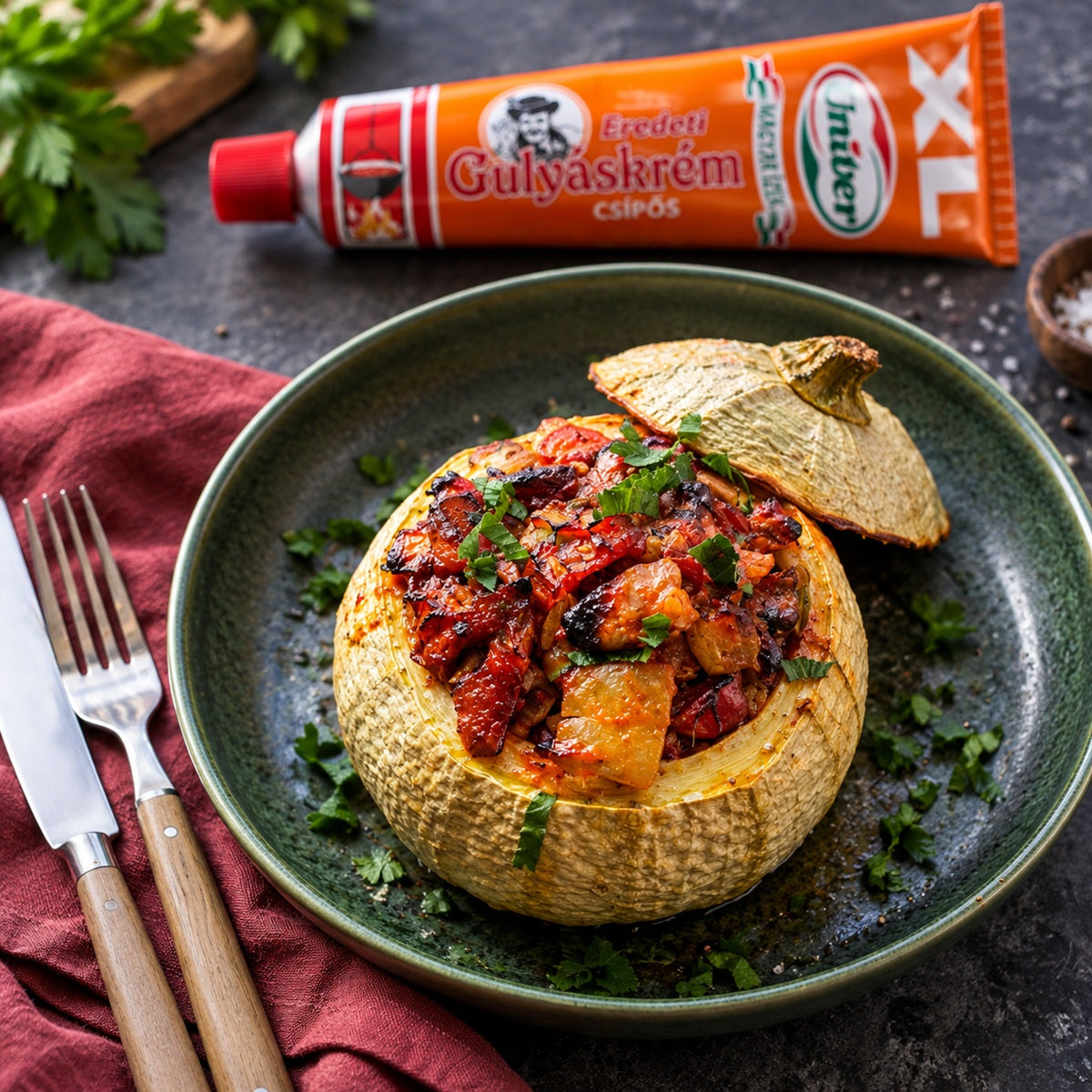 A vegetarian stuffed butternut squash recipe made with Hot Hungarian Gulyaskrem.