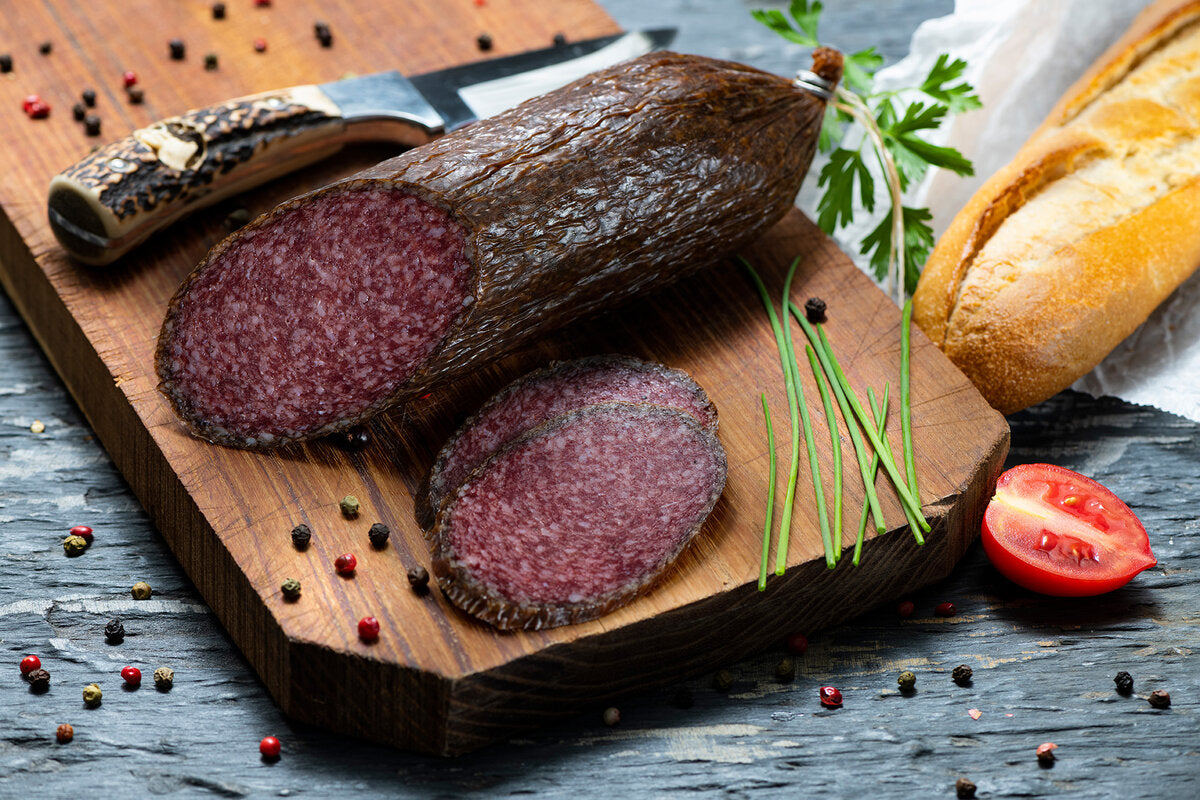 A dry-cured venison salami, this smoked charcuterie is made with the best free-range deer meat.
