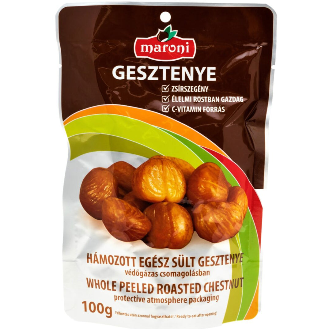 A pack of ready-to-eat whole chestnuts which have been cooked, peeled and roasted.