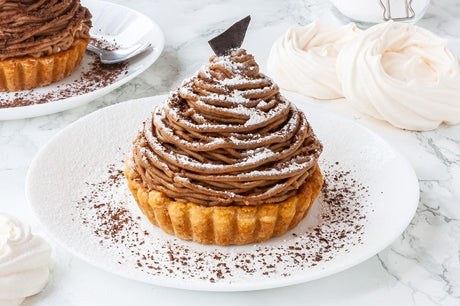 Mont Blanc dessert recipe for making a traditional French chestnut cake of classic pastry tarts with chestnut purée.