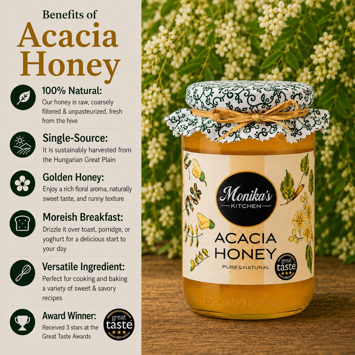 Infographic showing the benefits of eating and using raw acacia honey.