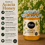 Infographic showing the benefits of eating and using raw acacia honey.