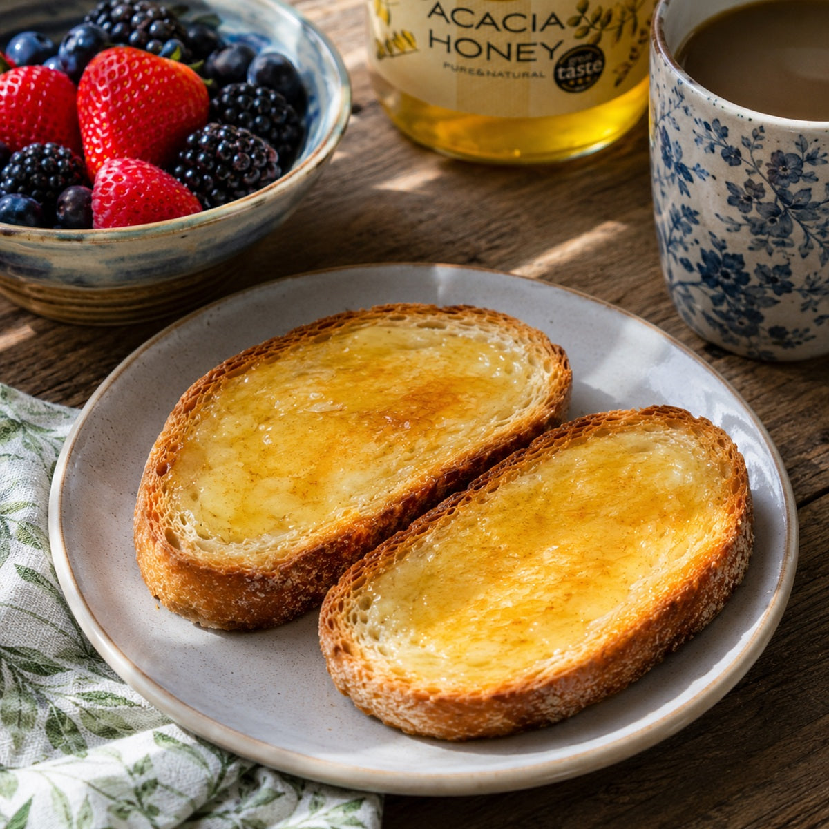 Toast with acacia honey on a plate, surrounded by berries, a jar of honey, and a cup of coffee on a wooden table.