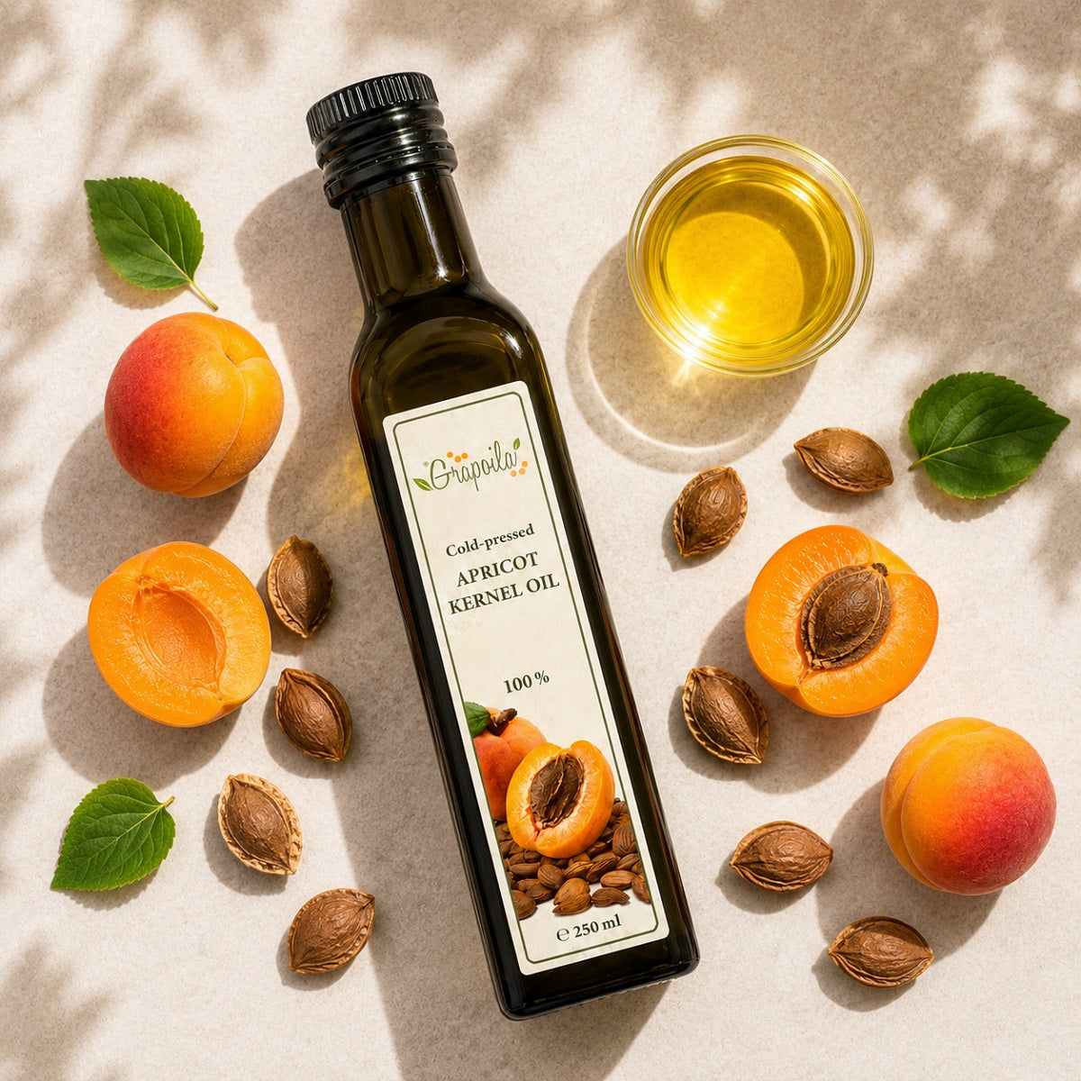 Apricot oil in a jar, with fresh apricots and apricot kernels on a light background.