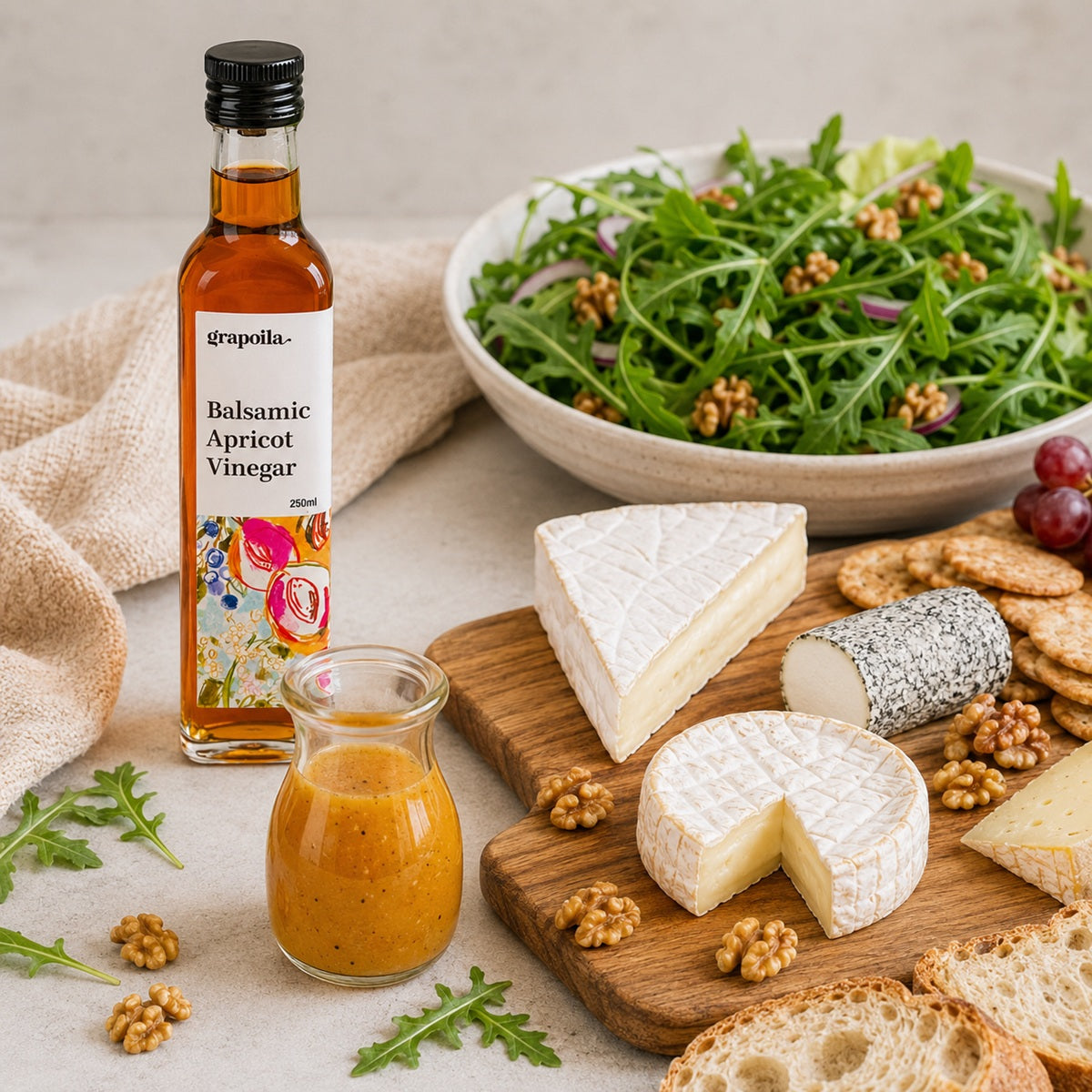 Balsamic Apricot Vinegar bottle with a small jar of dressing on a wooden board with cheese, bread, and salad.