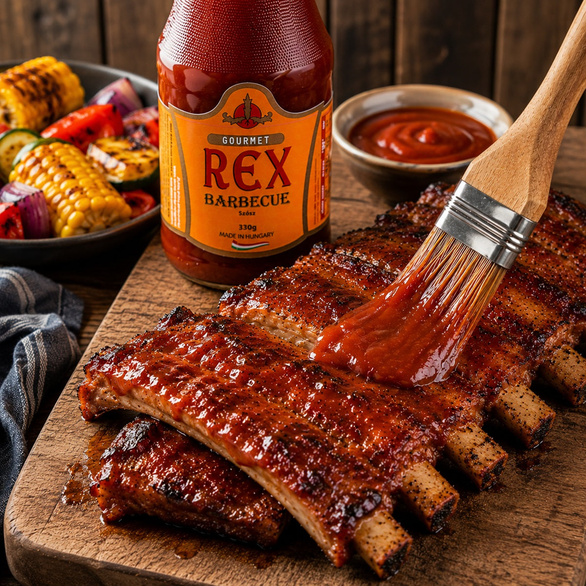 Grilled ribs being brushed with BBQ Ketchup to form a glaze, on a wooden cutting board.