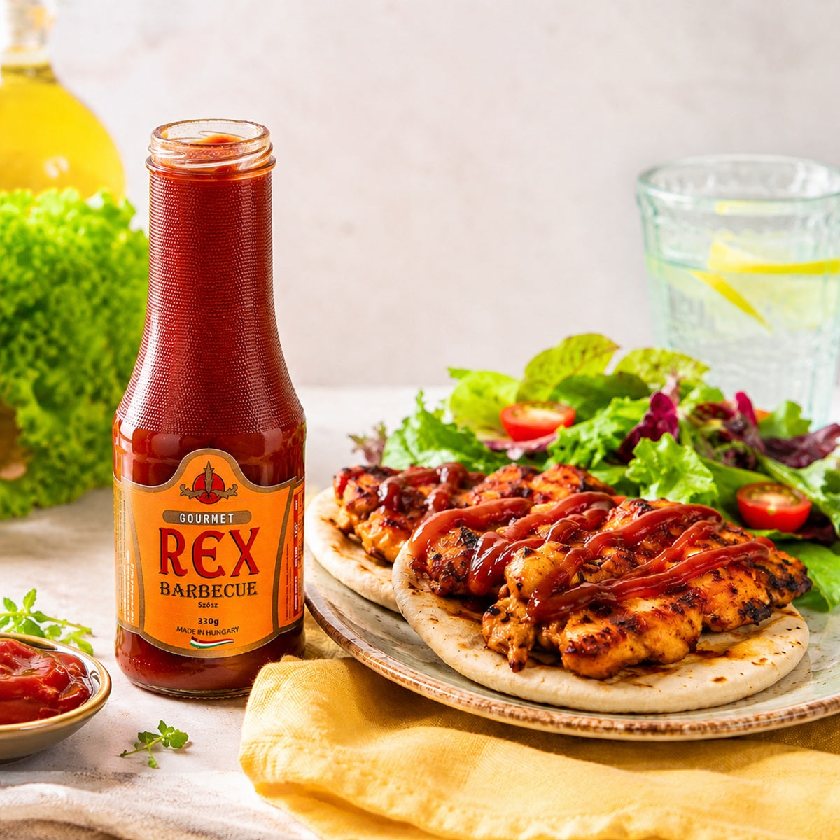 Bottle of BBQ Ketchup sauce with a plate of grilled chicken and salad on a table.
