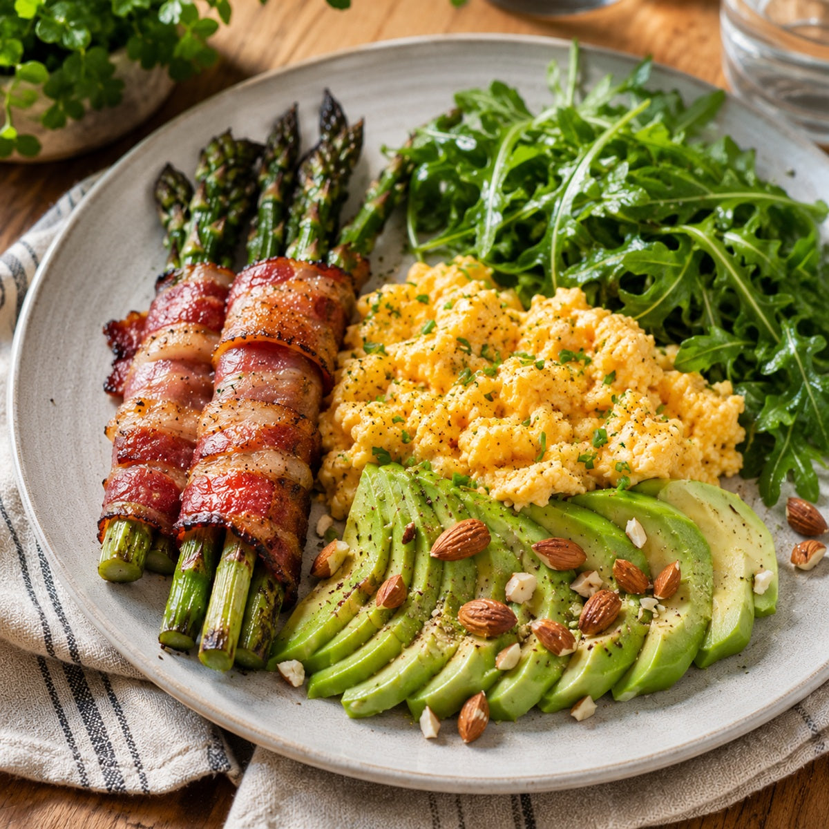 Plate of keto-diet-friendly food with asparagus wrapped in bacon, scrambled eggs, nuts, and avocado slices.