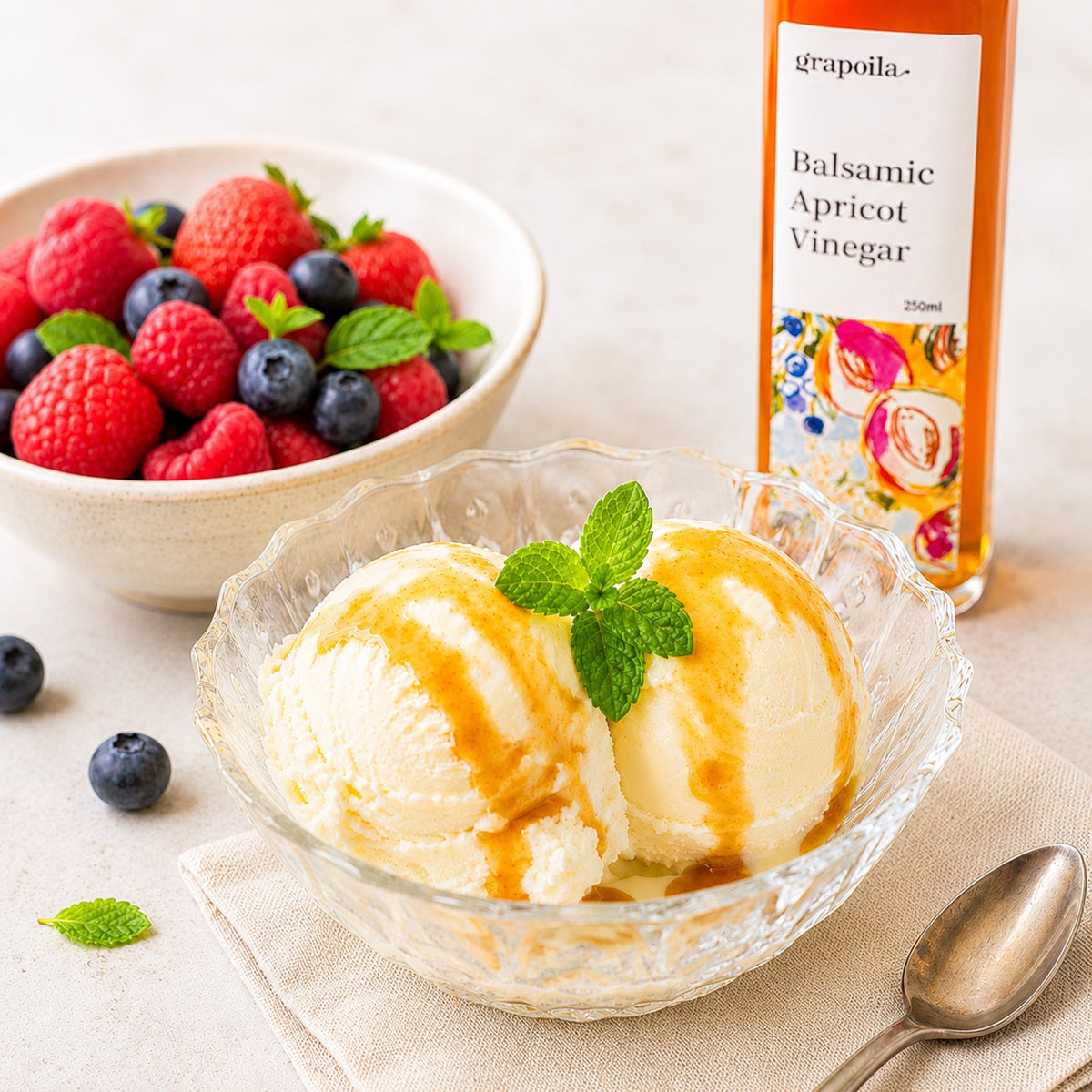 Glass bowl with vanilla ice cream, a drizzle of apricot balsamic vinegar, and a bowl of berries on a light background.