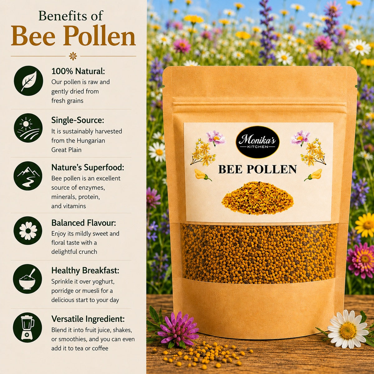 Infographic showing the benefits of eating and using bee pollen.