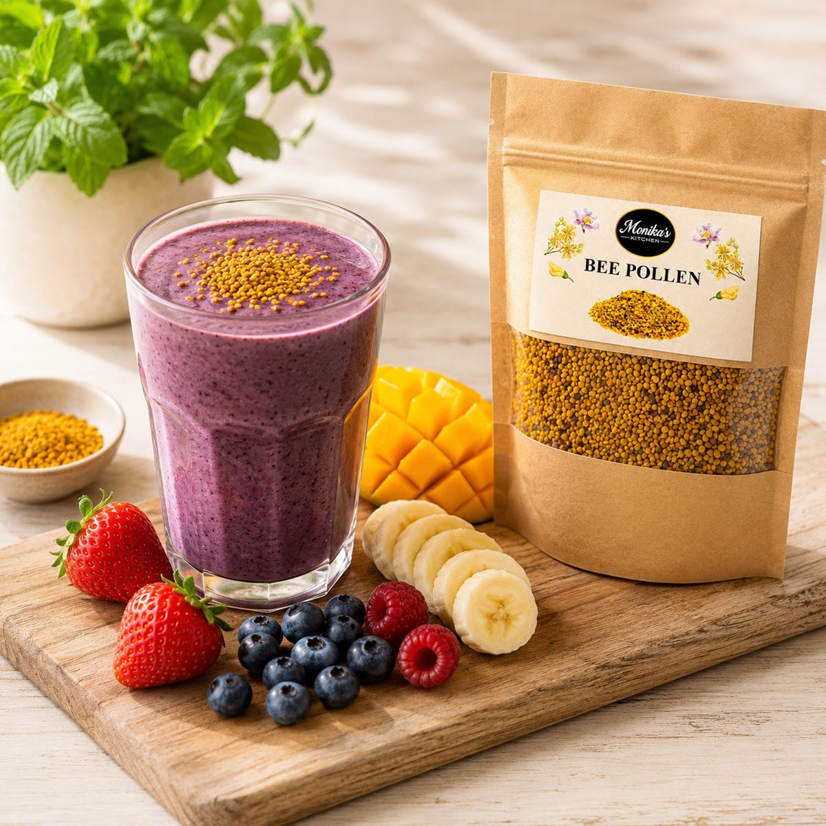 Purple smoothie with bee pollen on a wooden board with fruits and a package of bee pollen.