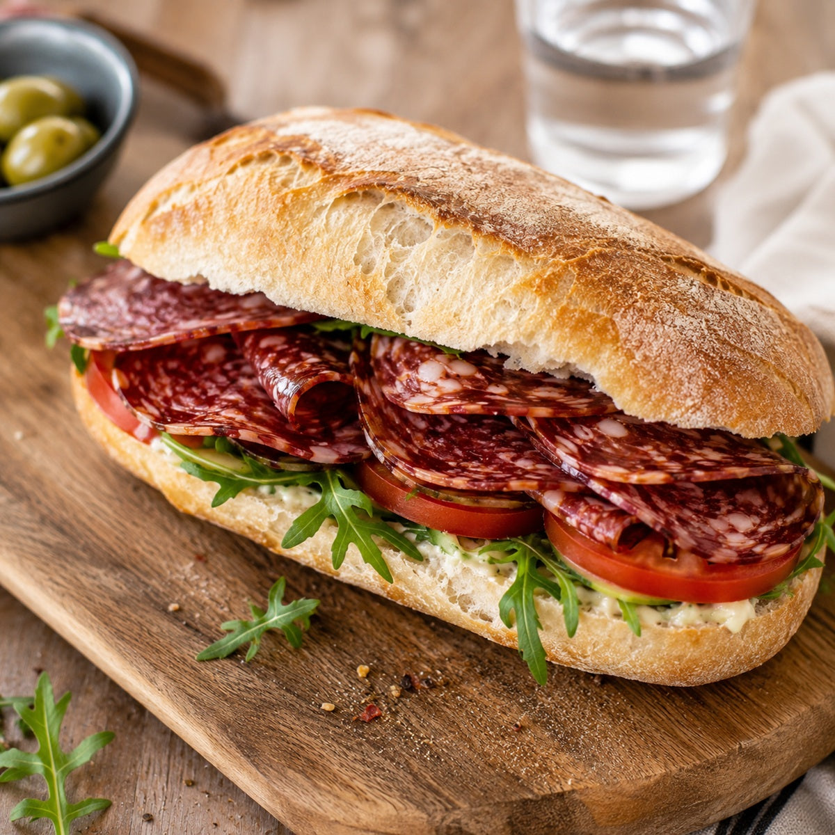 Submarine sandwich with beef salami, rocket, and tomatoes on a wooden board.