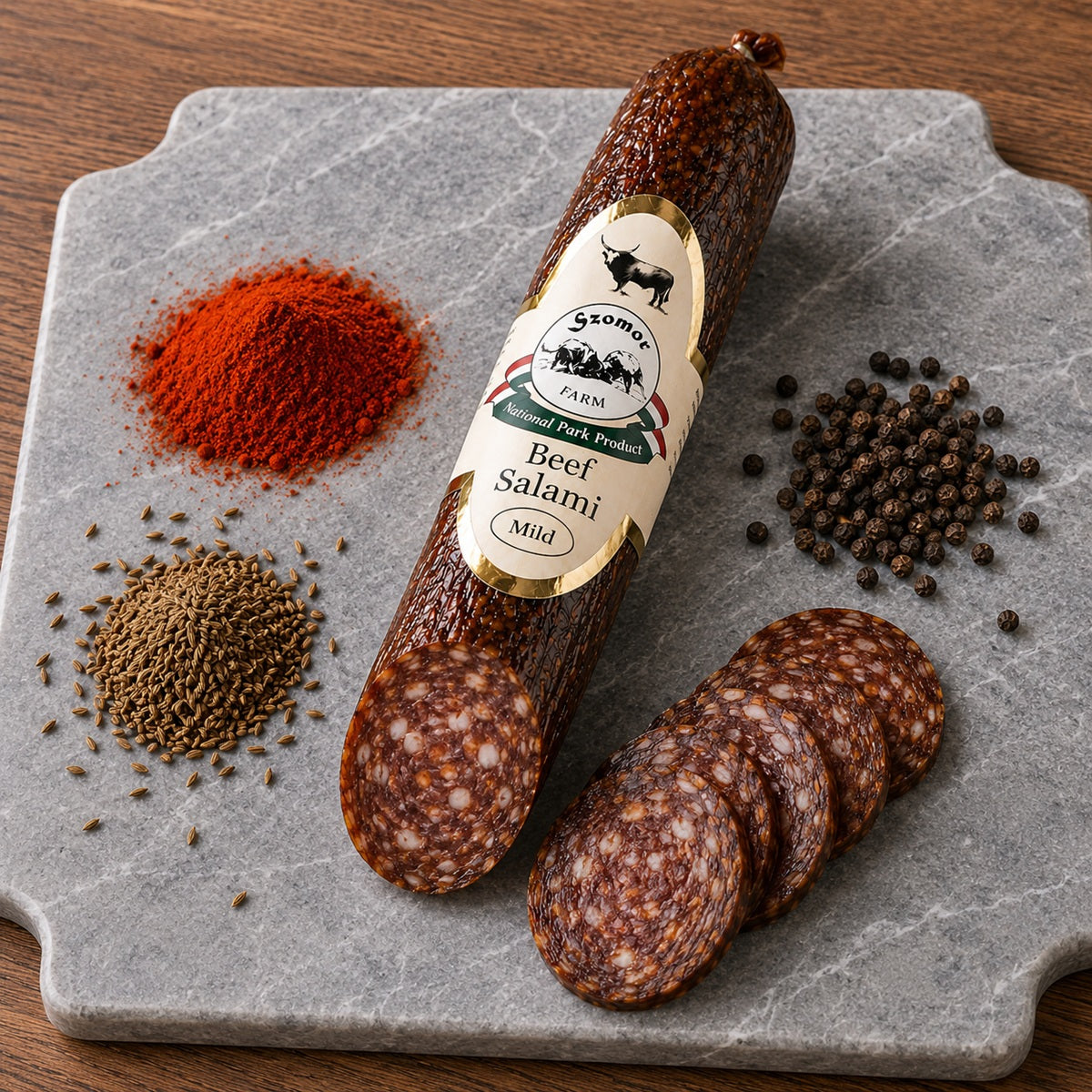 Slices of beef salami on a marble board next to the whole salami and spices.