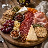 Wooden charcuterie board with beef salami, sliced ham, cheeses, fruits, and nuts on a wooden table.