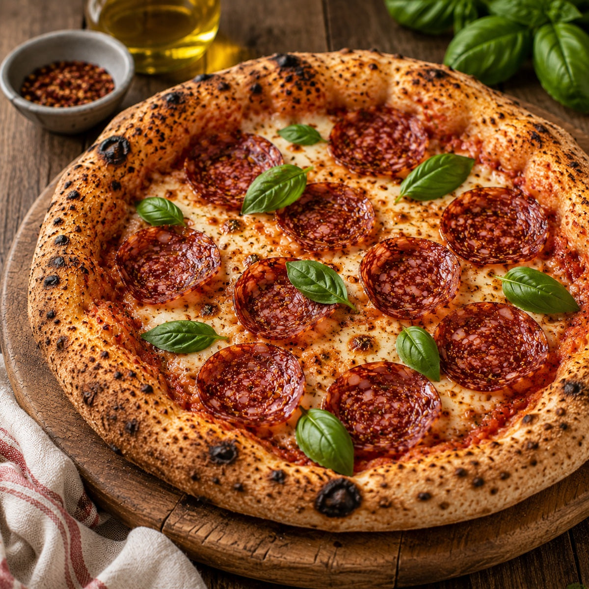 Pizza with beef salami and basil leaves on a wooden board, surrounded by ingredients.