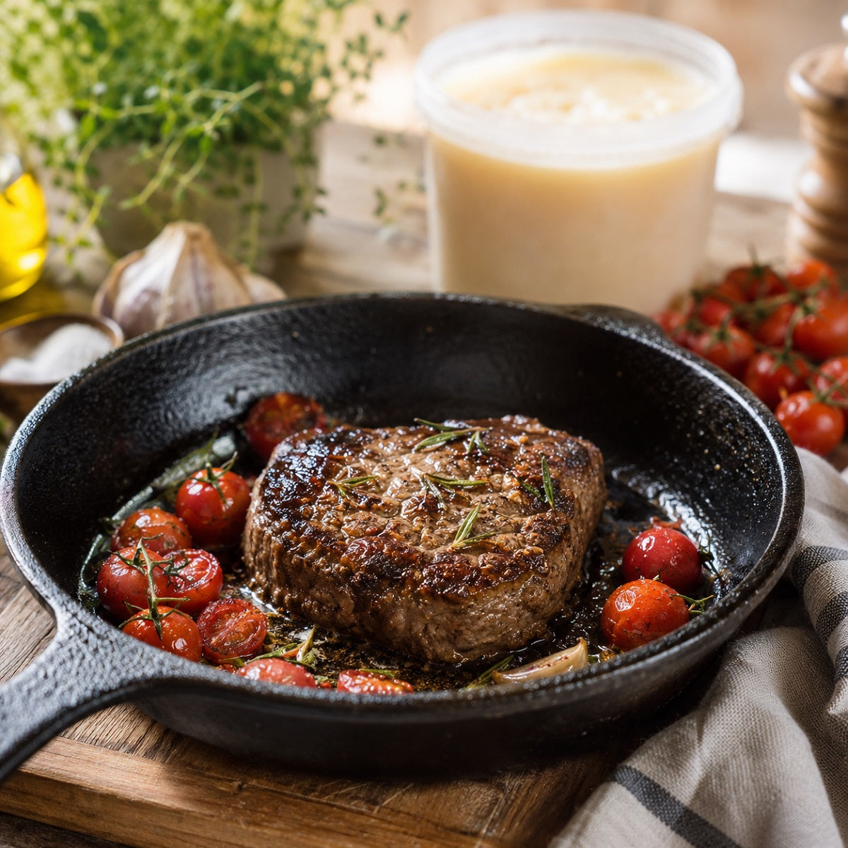 Steak fried in beef tallow, with roasted cherry tomatoes in a frying pan, and a tub of beef tallow in the background.