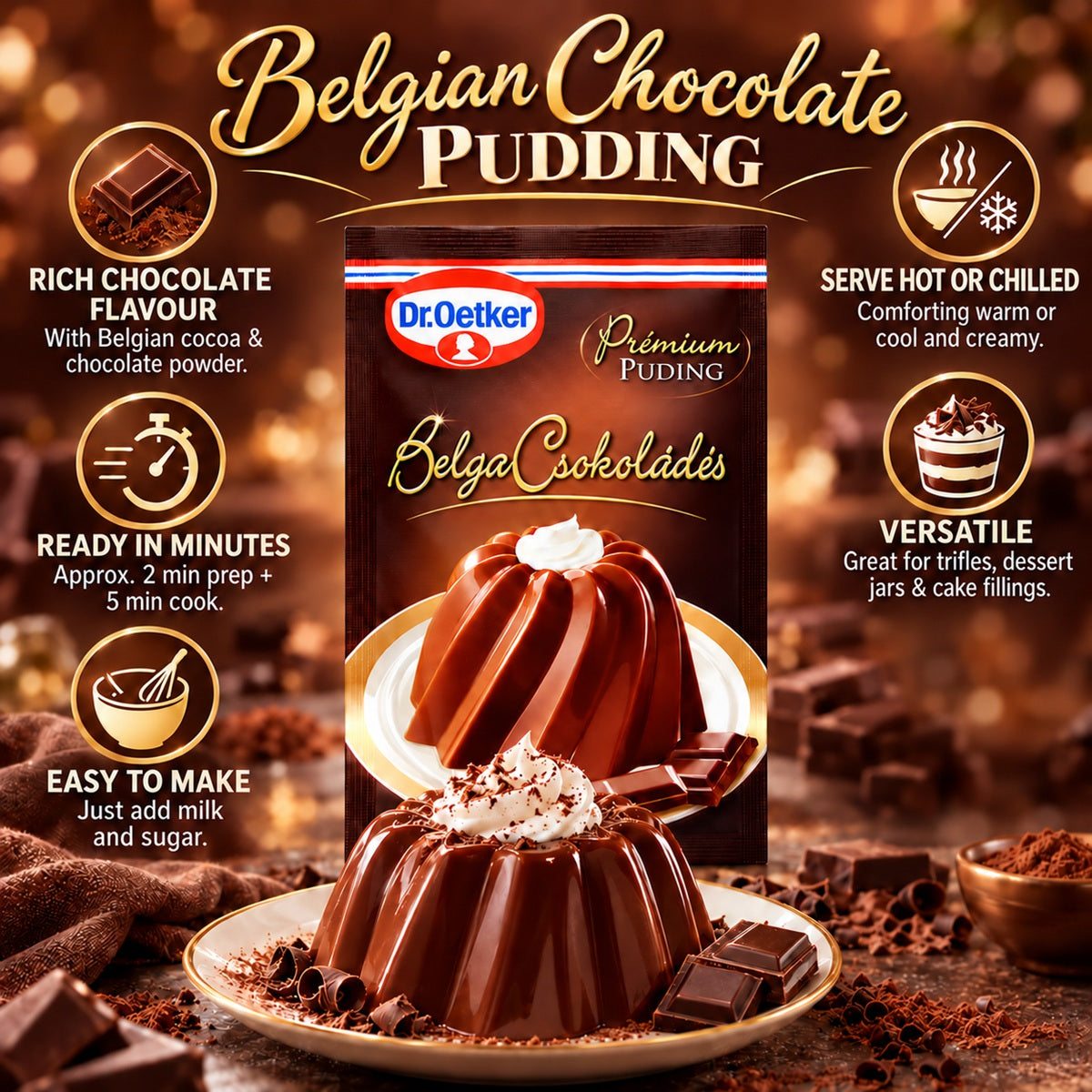 An infographic about Dr Oetker Chocolate Pudding Mix. This versatile pudding powder is perfect for desserts.