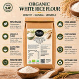 An infographic showing the uses and the benefits of cooking and baking with organic white rice flour.