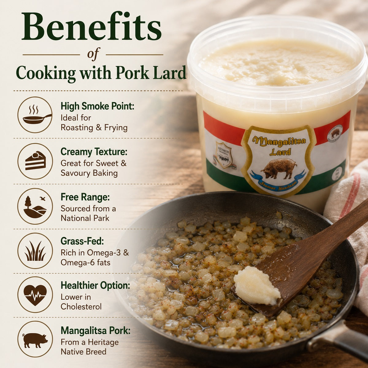 Infographic showing the culinary uses and benefits of cooking with pork lard.