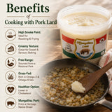 Infographic showing the culinary uses and benefits of cooking with pork lard.