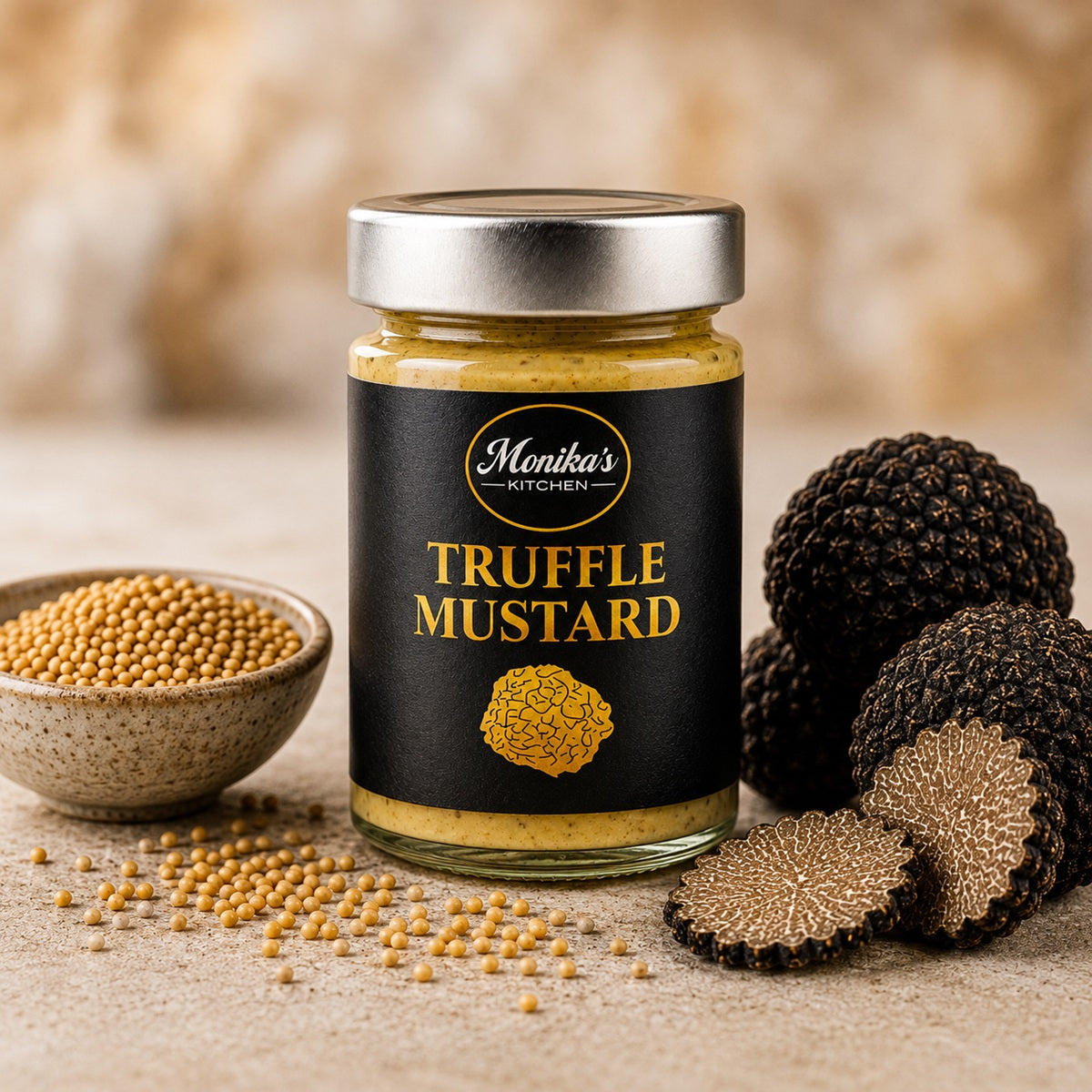 Jar of truffle mustard with black truffles and mustard seeds on a wooden surface