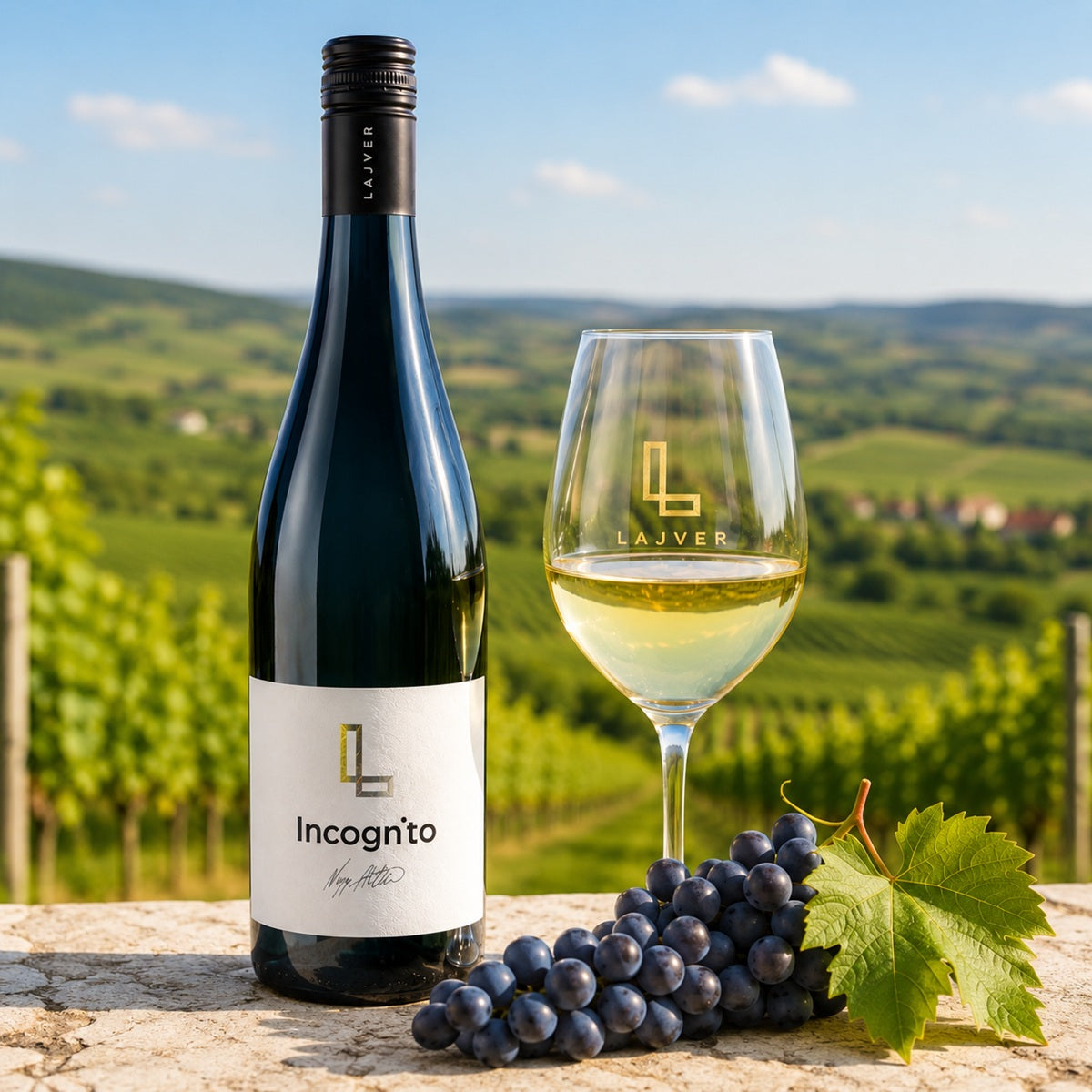 Bottle of Blanc de Noir wine with a glass of white wine and red grapes against a vineyard backdrop.