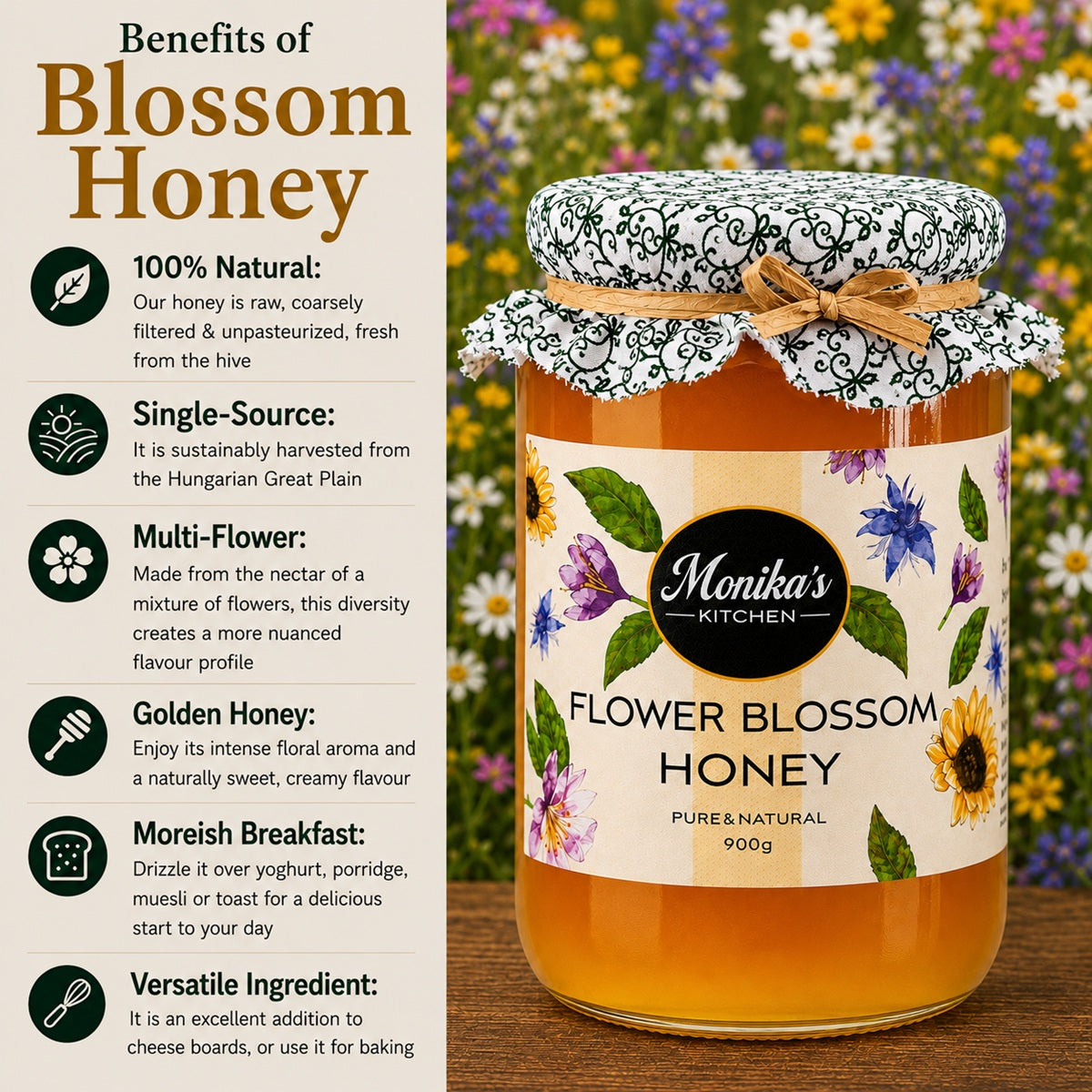 Infographic showing the benefits of eating and using raw blossom honey.