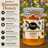 Infographic showing the benefits of eating and using raw blossom honey.