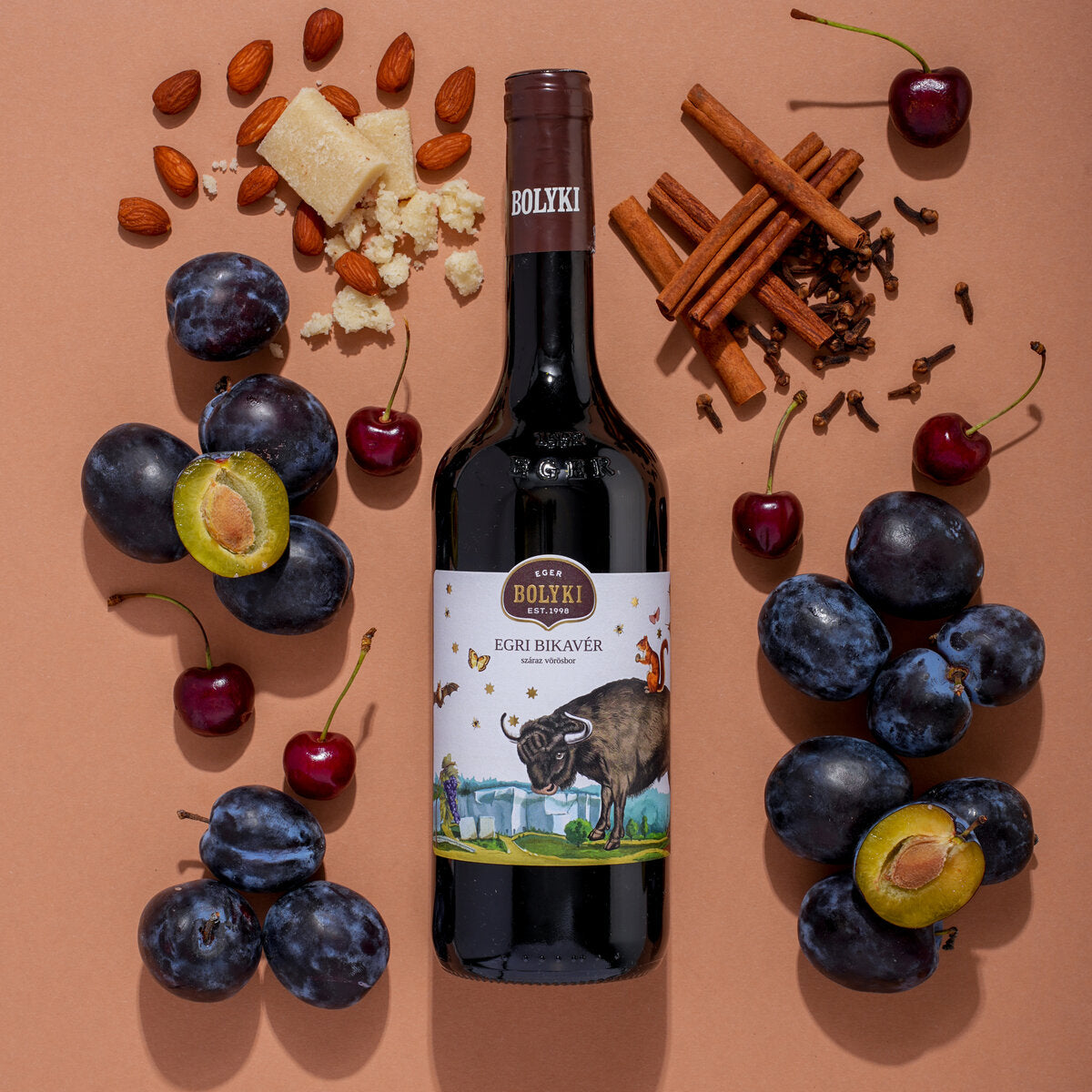 A bottle of Bolyki Egri Bikavér Hungarian Bull's Blood dry red wine.