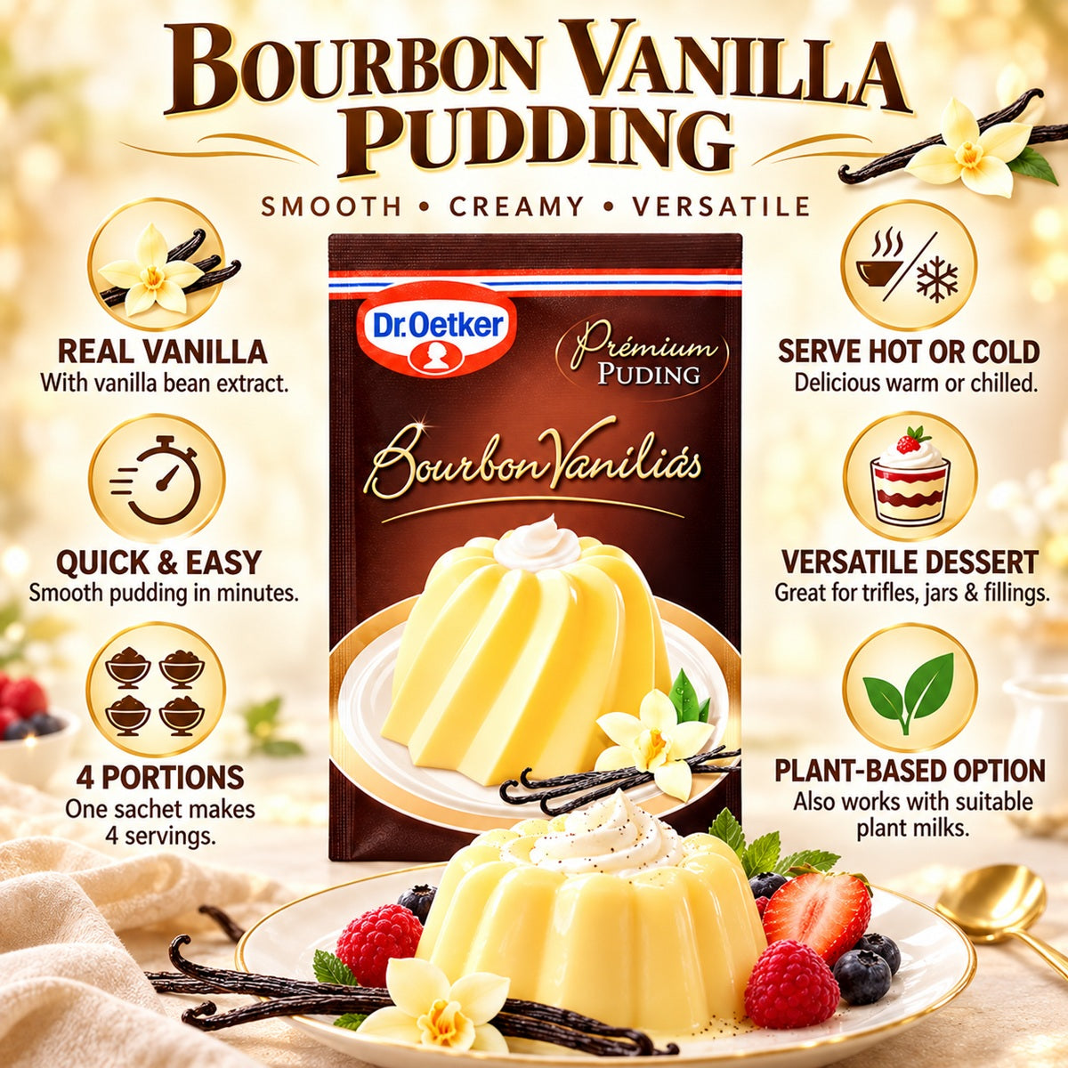 An infographic about Dr Oetker Vanilla Pudding Mix. This versatile pudding powder is perfect for desserts.