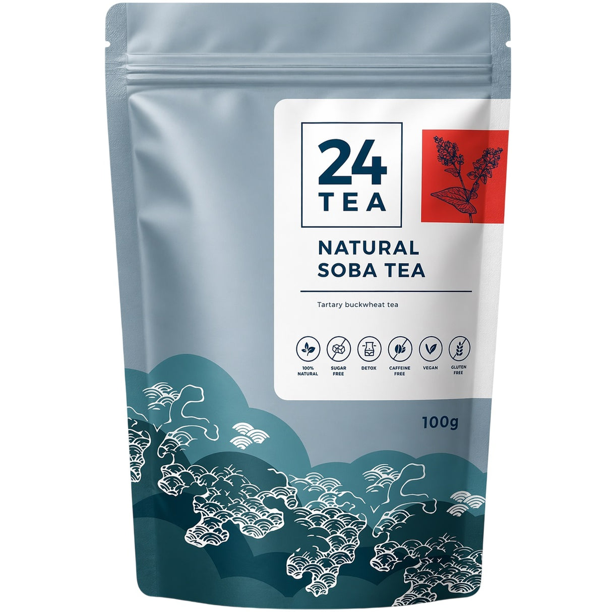 Pack of buckwheat tea from roasted Tartary buckwheat seeds.