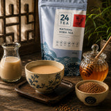 Buckwheat tea with milk and honey on a wooden surface.