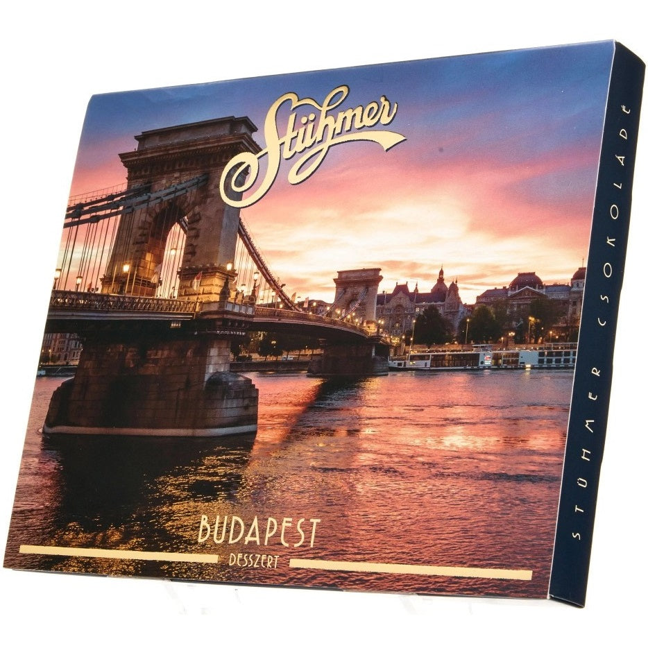 Stühmer Budapest chocolate dessert with an image of Chain Bridge at sunset.
