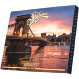 Stühmer Budapest chocolate dessert with an image of Chain Bridge at sunset.