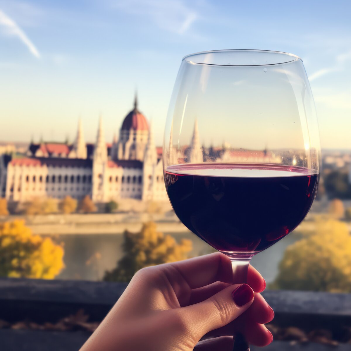 A glass of red wine with the Hungarian Parliament in Budapest in the background.